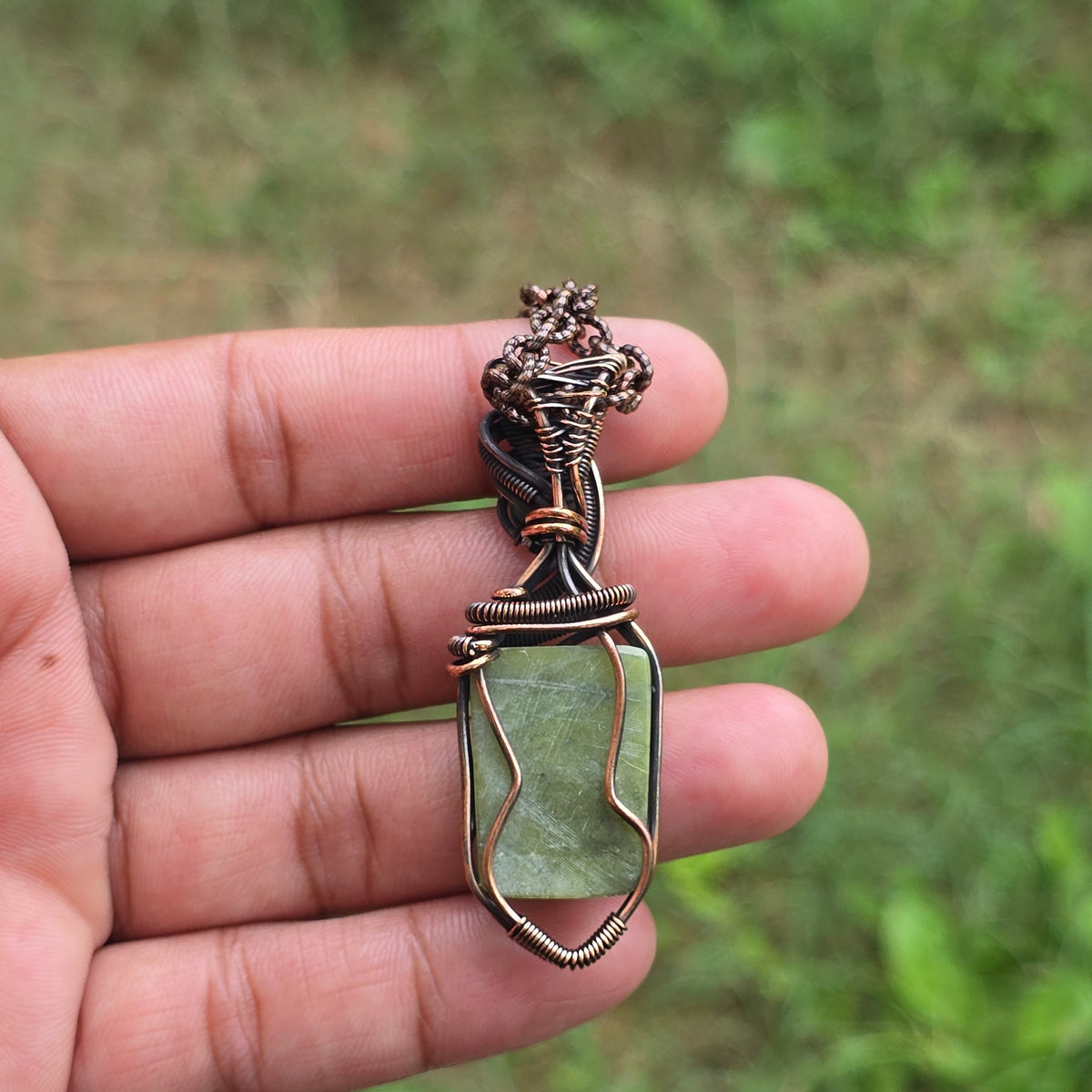 Lizarite Gemstone Handmade Copper Wire Wrap Chain Pendant 2.36" Sunkarton