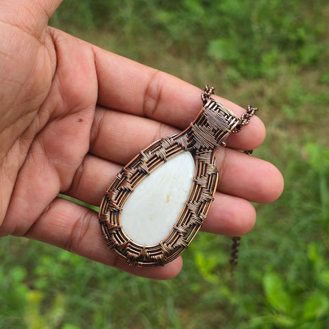 Scolecite  Gemstone Handmade Copper Wire Wrap Chain Pendant 2.75