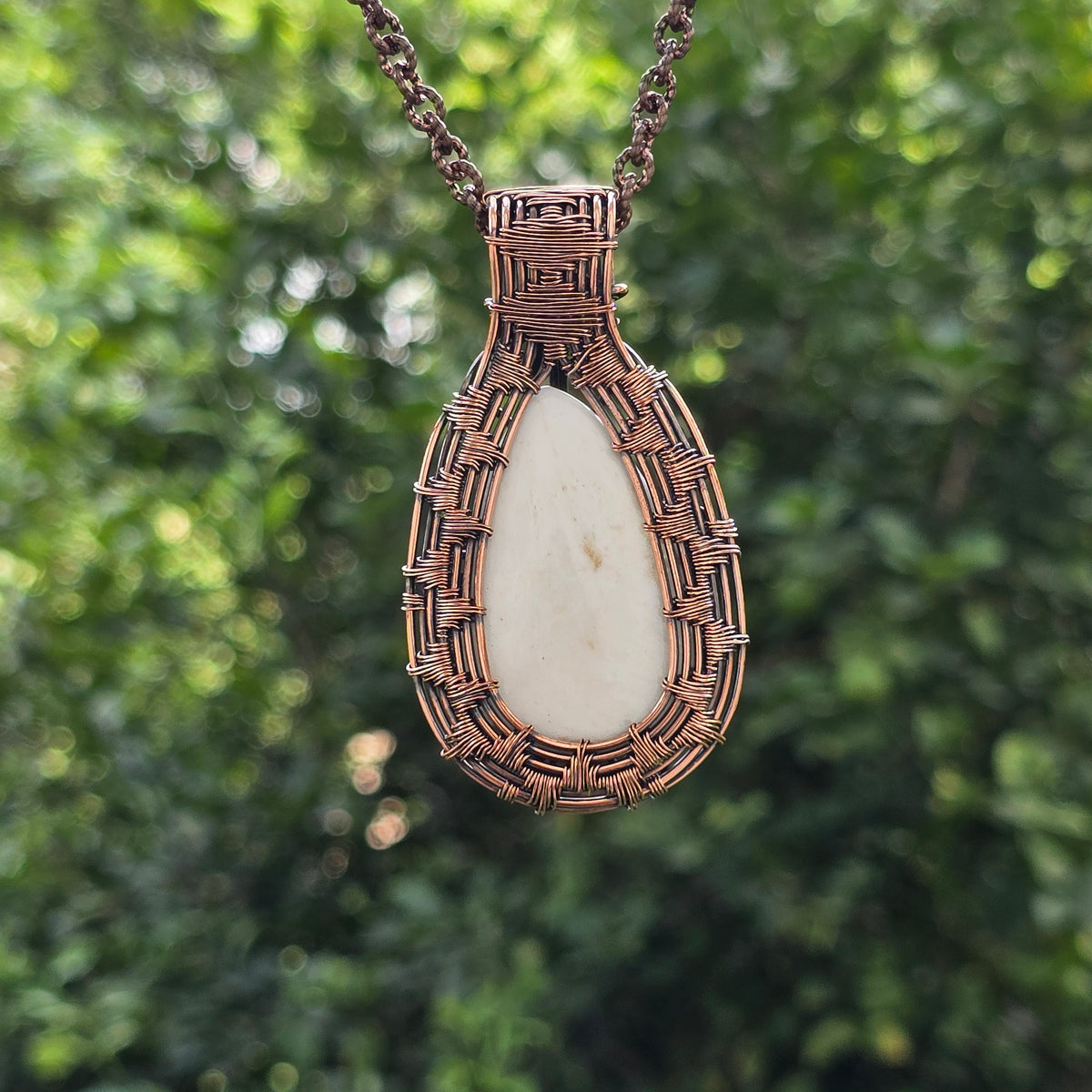 Scolecite  Gemstone Handmade Copper Wire Wrap Chain Pendant 2.75" Sunkarton