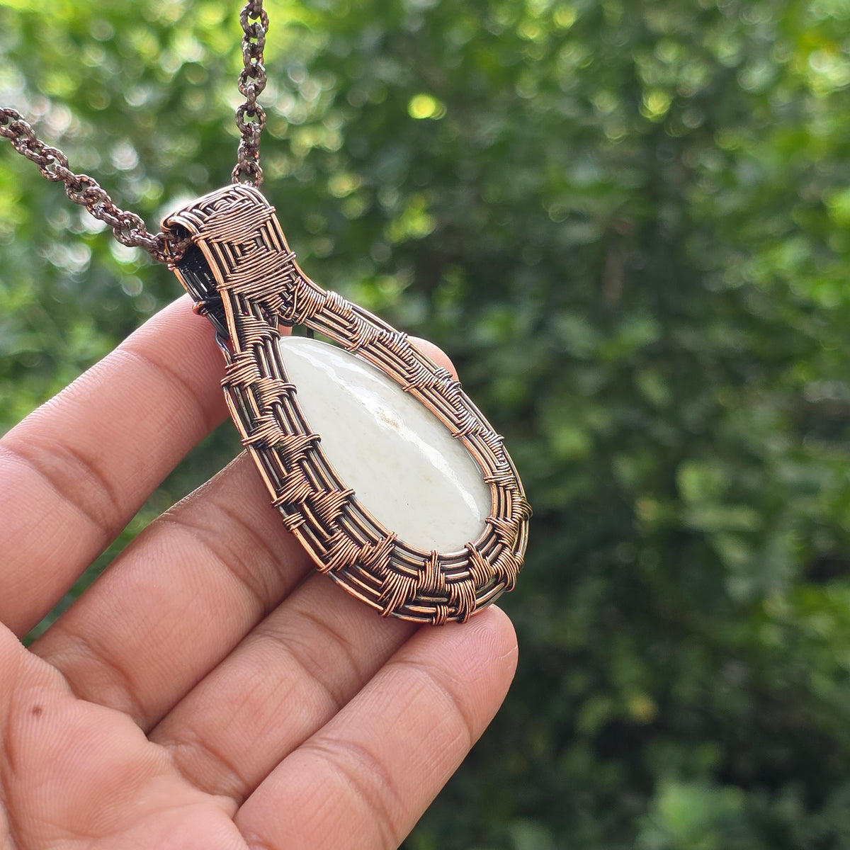 Scolecite  Gemstone Handmade Copper Wire Wrap Chain Pendant 2.75" Sunkarton