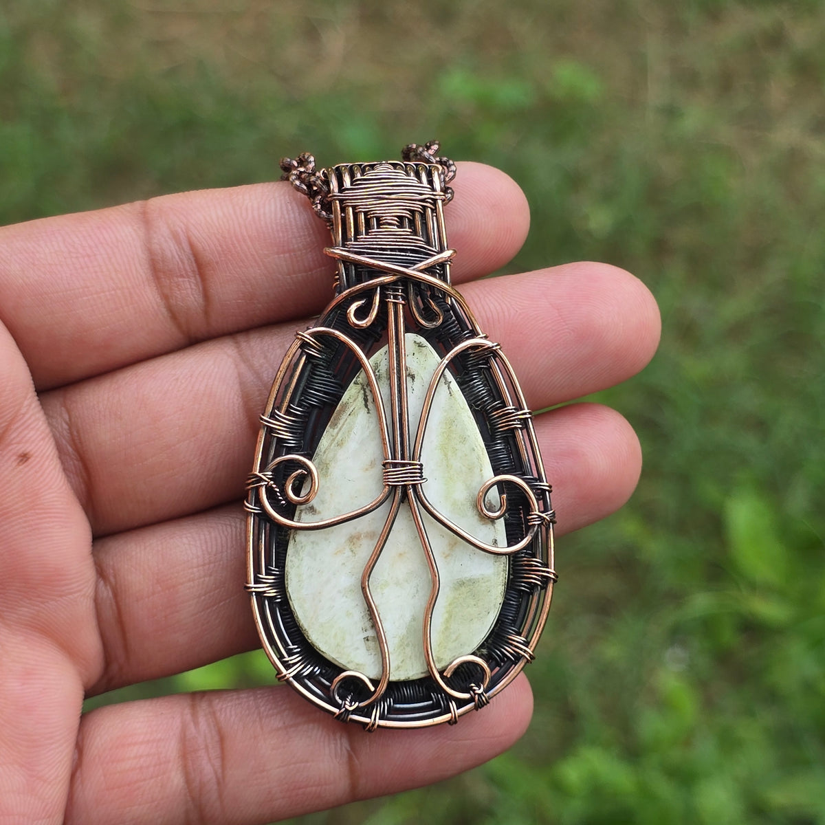 Scolecite  Gemstone Handmade Copper Wire Wrap Chain Pendant 2.75" Sunkarton