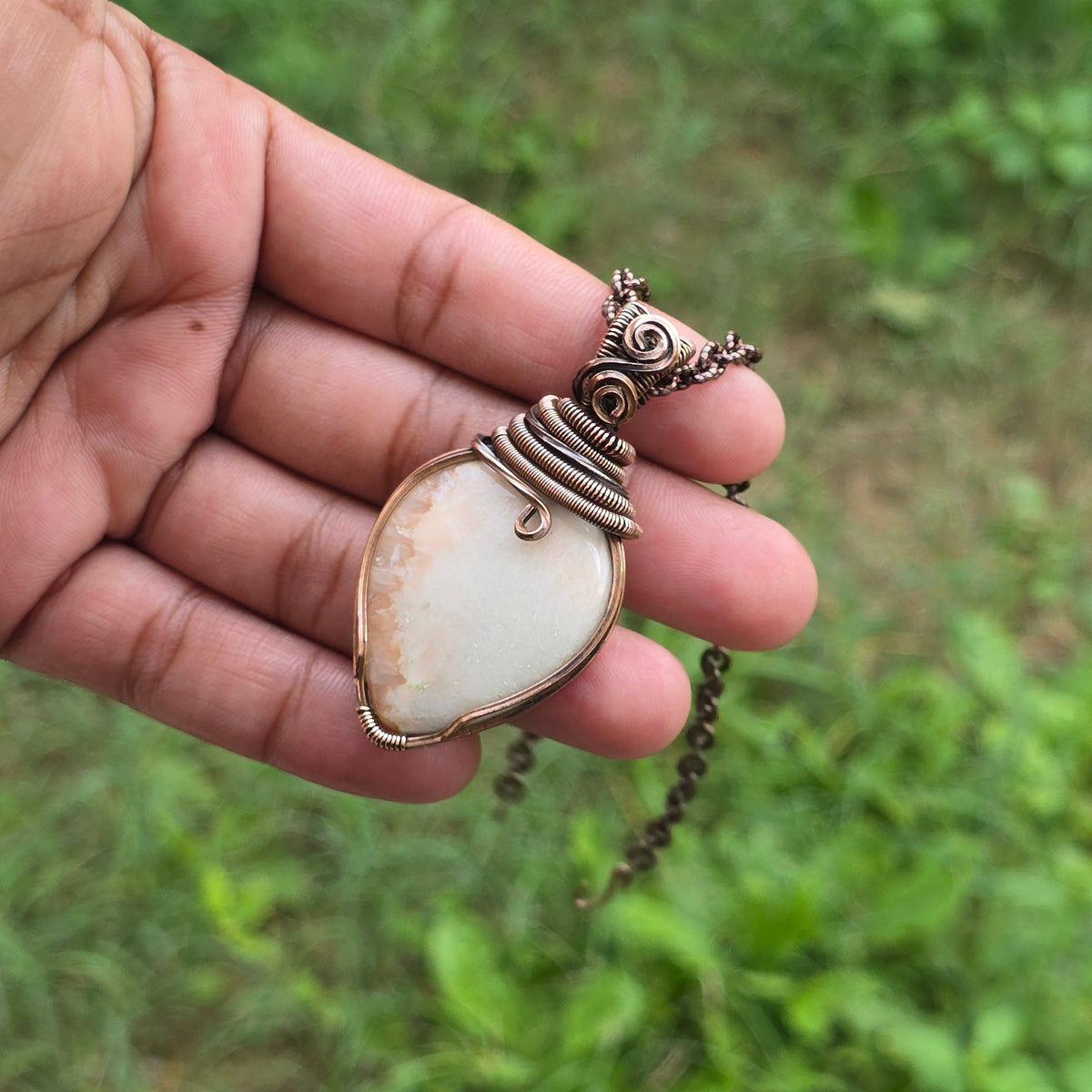Scolecite  Gemstone Handmade Copper Wire Wrap Chain Pendant 2.36" Sunkarton