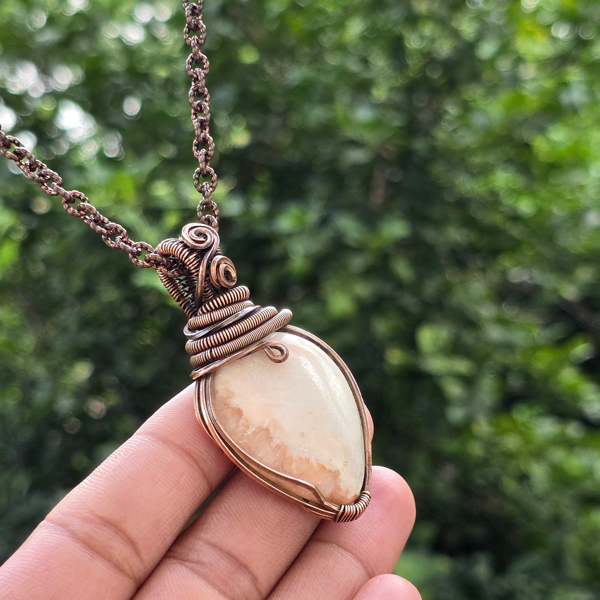 Scolecite  Gemstone Handmade Copper Wire Wrap Chain Pendant 2.36" Sunkarton