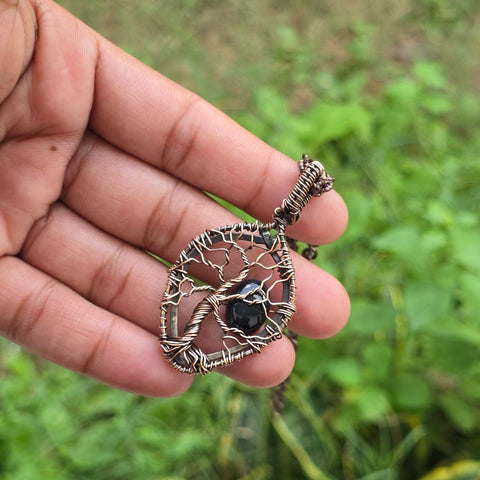 Black Onyx Gemstone Handmade Copper Wire Wrap Chain Pendant 2.36