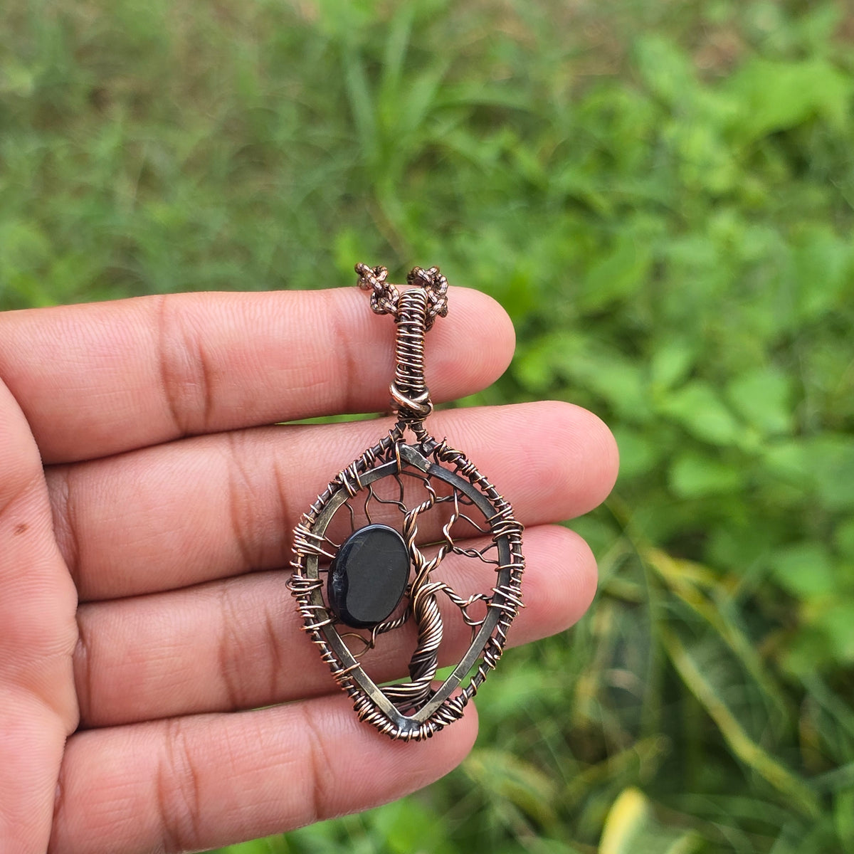 Black Onyx Gemstone Handmade Copper Wire Wrap Chain Pendant 2.36" Sunkarton