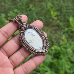 Dendrite Opal Gemstone Handmade Copper Wire Wrap Chain Pendant 2.95" Sunkarton