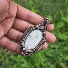 Dendrite Opal Gemstone Handmade Copper Wire Wrap Chain Pendant 2.95" Sunkarton
