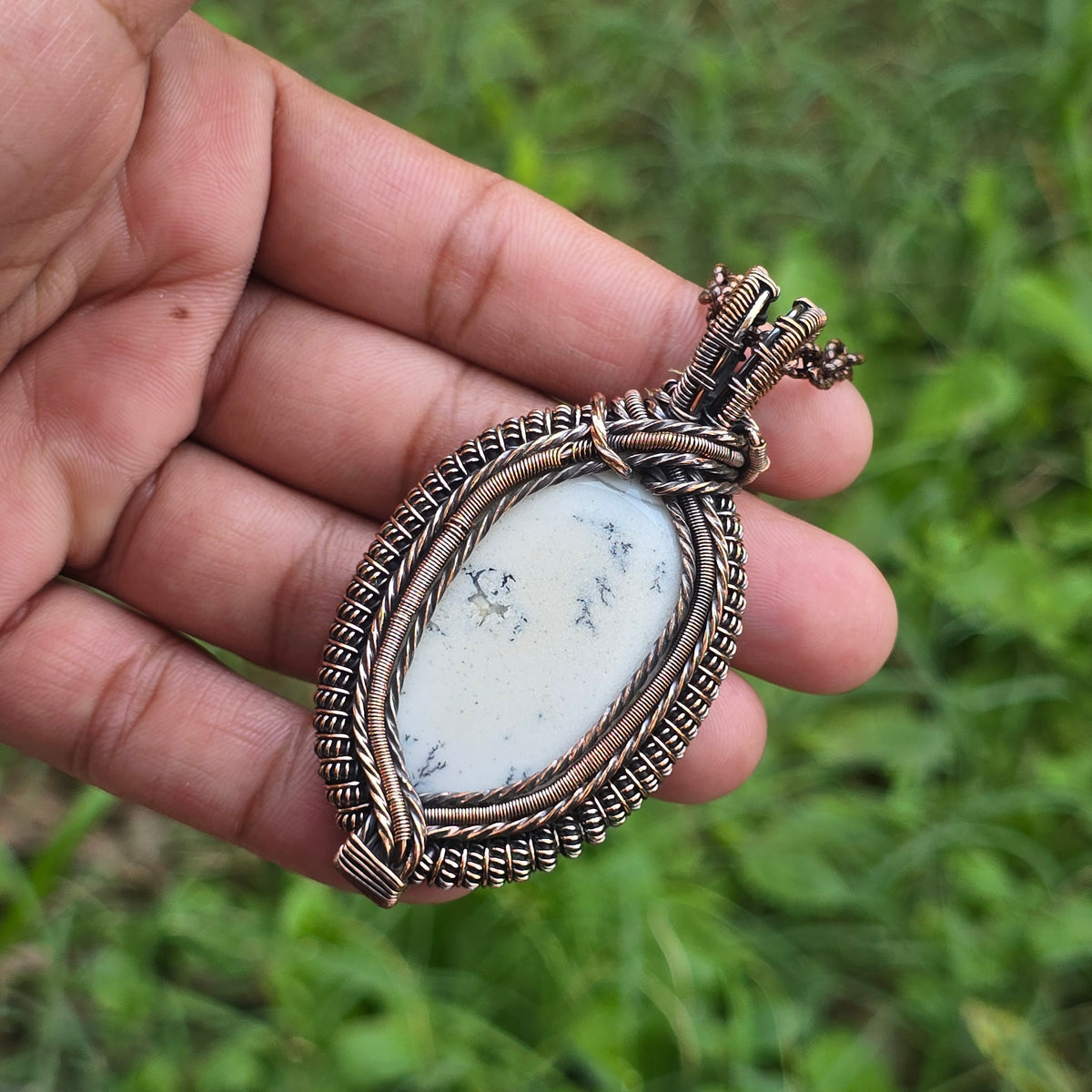 Dendrite Opal Gemstone Handmade Copper Wire Wrap Chain Pendant 2.95" Sunkarton