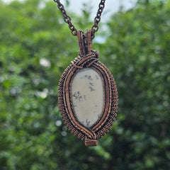 Dendrite Opal Gemstone Handmade Copper Wire Wrap Chain Pendant 2.95" Sunkarton