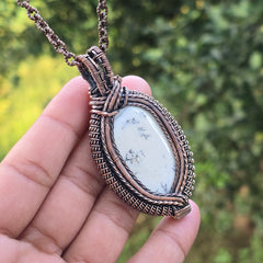 Dendrite Opal Gemstone Handmade Copper Wire Wrap Chain Pendant 2.95" Sunkarton