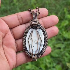 Dendrite Opal Gemstone Handmade Copper Wire Wrap Chain Pendant 2.95" Sunkarton