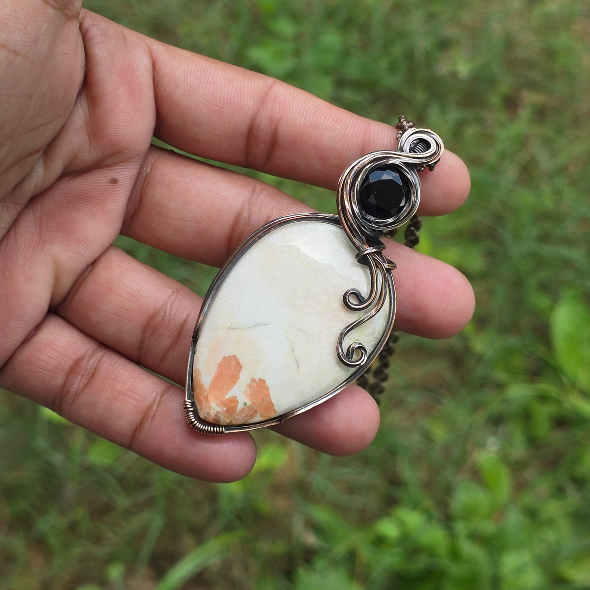 Scolecite  Gemstone Handmade Copper Wire Wrap Chain Pendant 3.14" Sunkarton