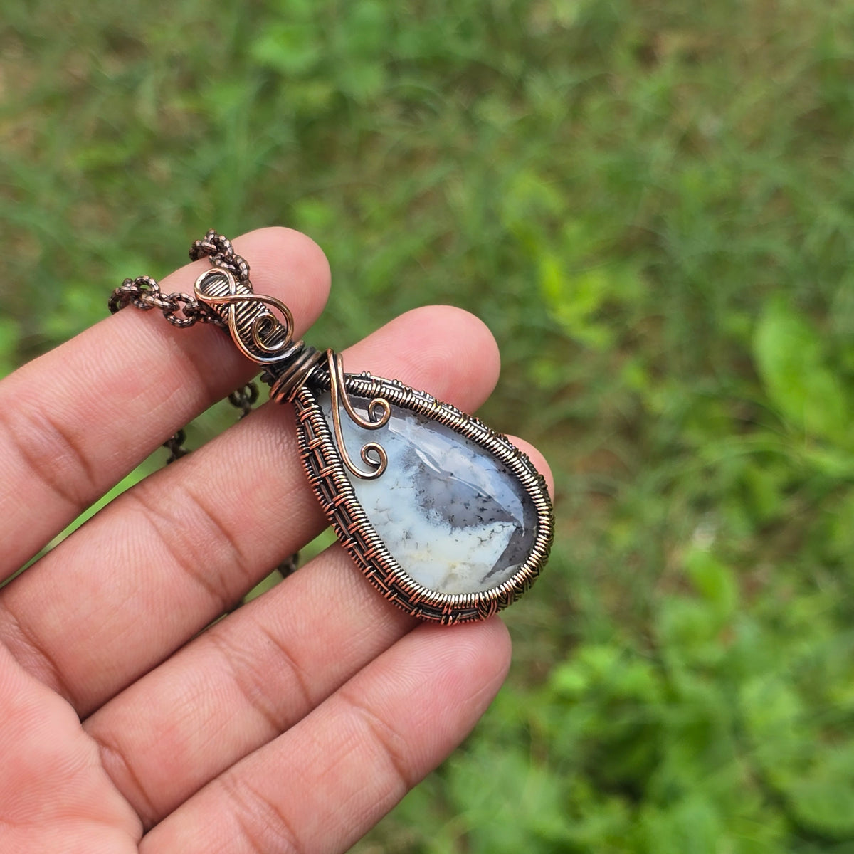 Dendrite Opal Gemstone Handmade Copper Wire Wrap Chain Pendant 2.36" Sunkarton