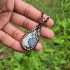 Dendrite Opal Gemstone Handmade Copper Wire Wrap Chain Pendant 2.36" Sunkarton
