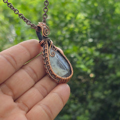 Dendrite Opal Gemstone Handmade Copper Wire Wrap Chain Pendant 2.36" Sunkarton