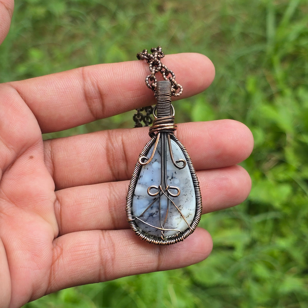 Dendrite Opal Gemstone Handmade Copper Wire Wrap Chain Pendant 2.36" Sunkarton