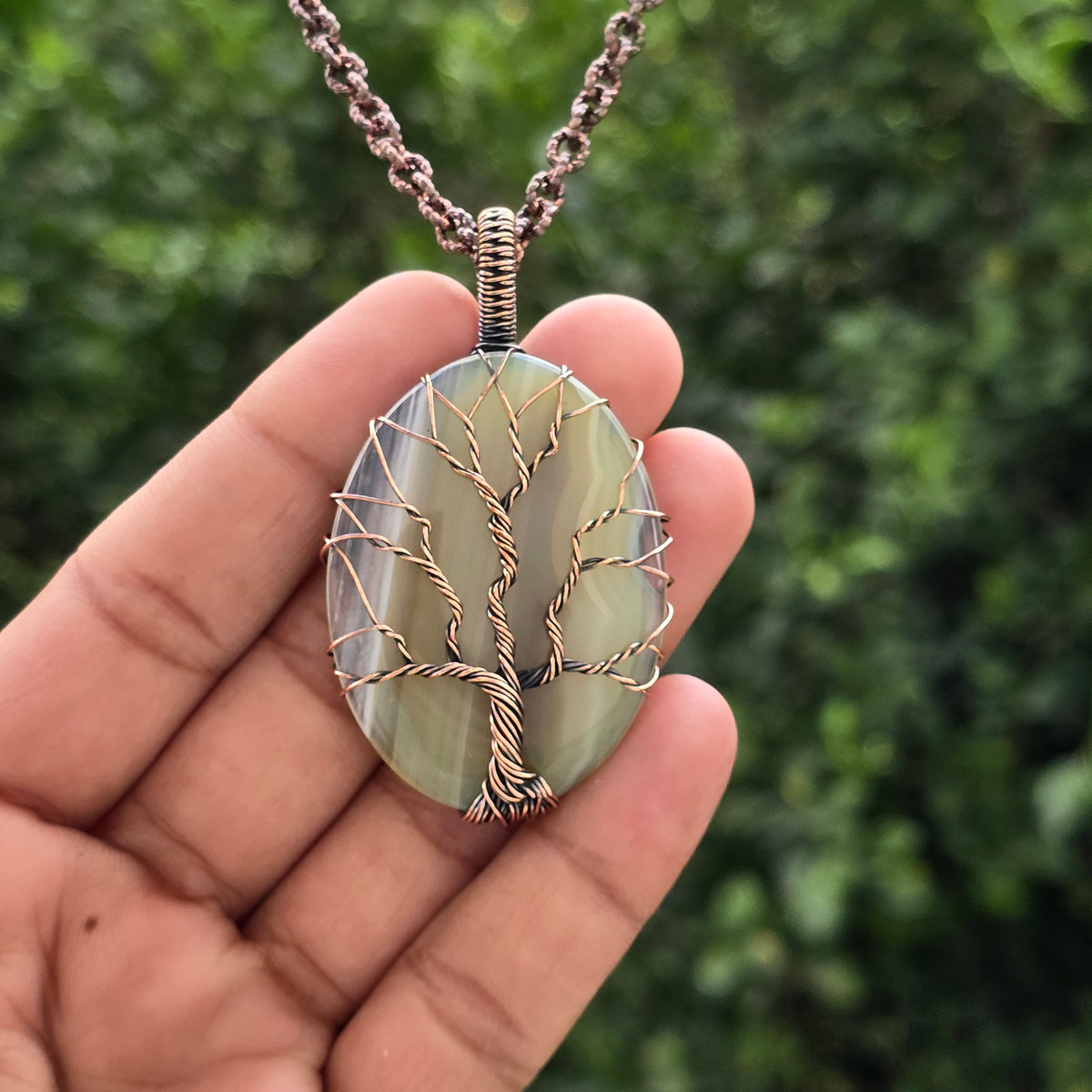 Onyx Gemstone Handmade Copper Wire Wrap Chain Pendant 2.55" Sunkarton