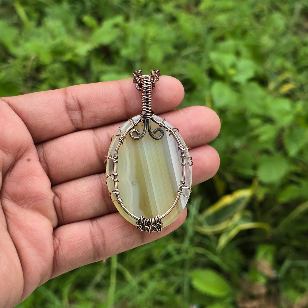 Onyx Gemstone Handmade Copper Wire Wrap Chain Pendant 2.55" Sunkarton