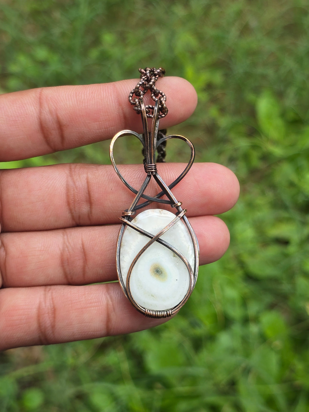 Solar Quartz Gemstone Handmade Copper Wire Wrap Chain Pendant 2.55" Sunkarton