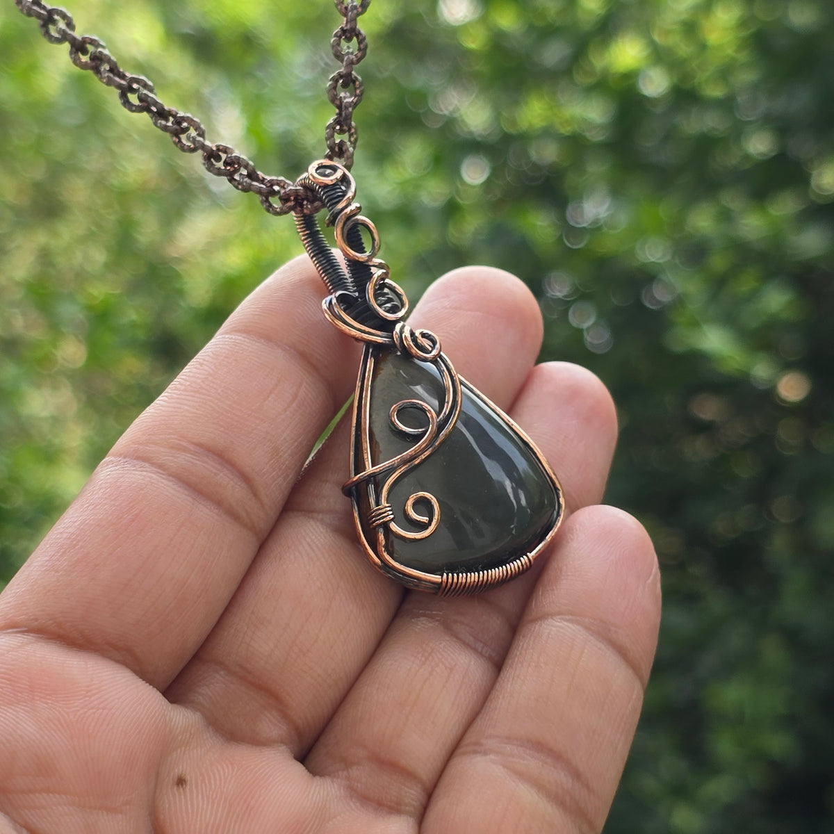 Polychrome Jasper Gemstone Handmade Copper Wire Wrap Chain Pendant 2.16" Sunkarton