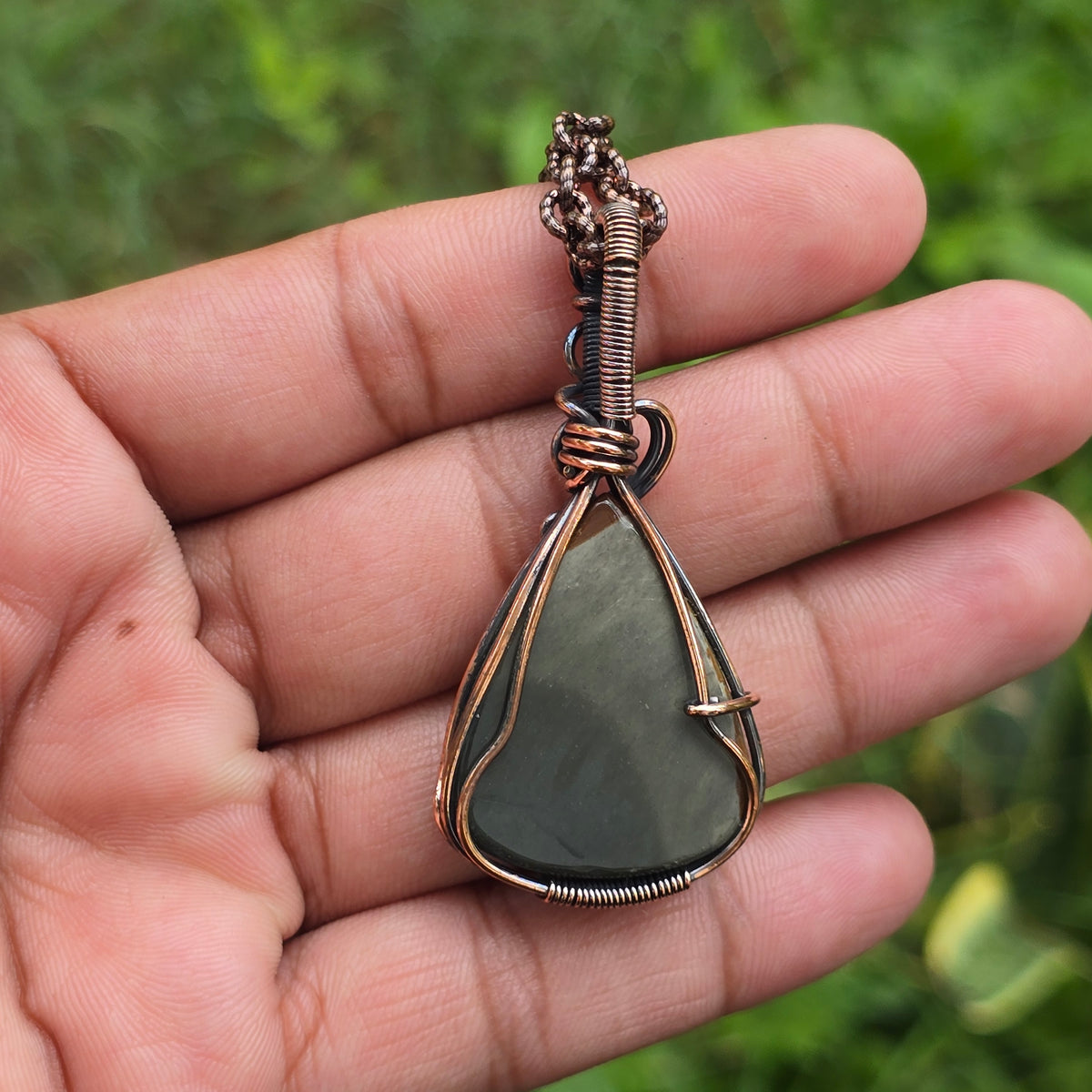 Polychrome Jasper Gemstone Handmade Copper Wire Wrap Chain Pendant 2.16" Sunkarton