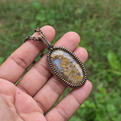 Plume Agate Gemstone Handmade Copper Wire Wrap Chain Pendant 2.36
