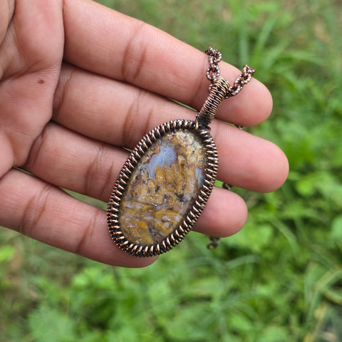 Plume Agate Gemstone Handmade Copper Wire Wrap Chain Pendant 2.36