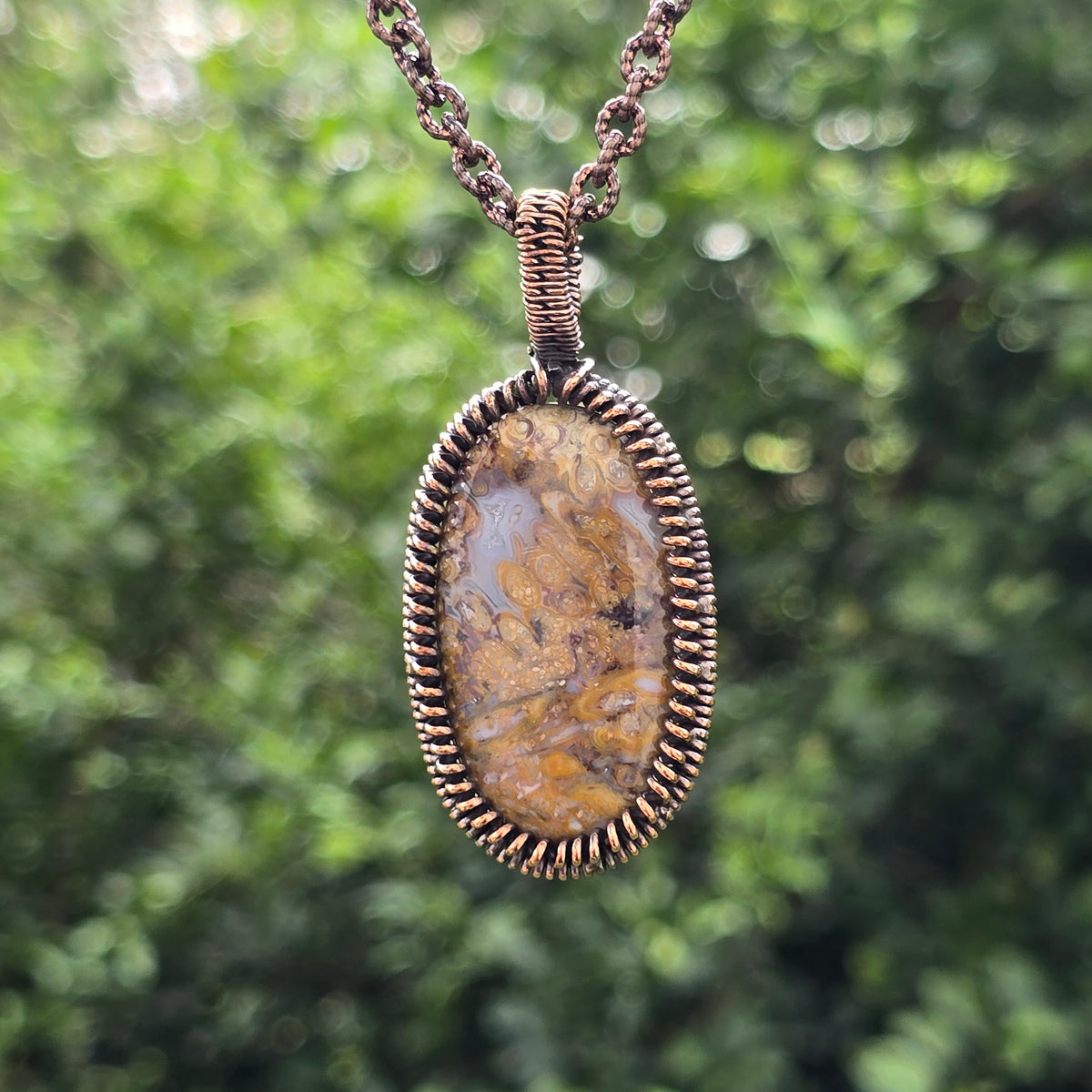 Plume Agate Gemstone Handmade Copper Wire Wrap Chain Pendant 2.36" Sunkarton