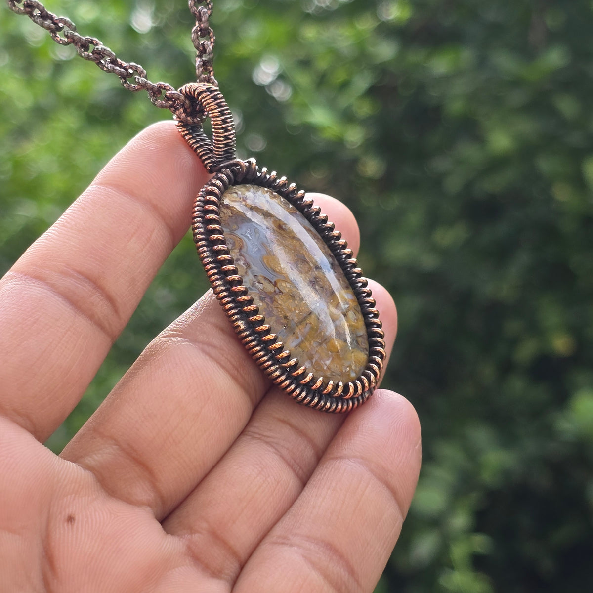 Plume Agate Gemstone Handmade Copper Wire Wrap Chain Pendant 2.36" Sunkarton
