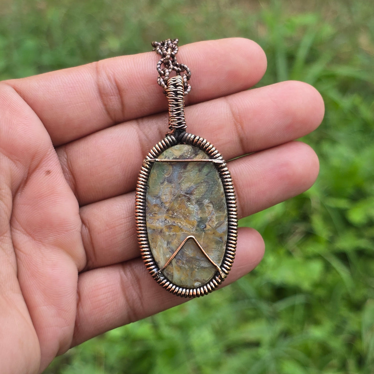 Plume Agate Gemstone Handmade Copper Wire Wrap Chain Pendant 2.36" Sunkarton