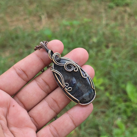 Thunder agate Gemstone Handmade Copper Wire Wrap Chain Pendant 2.75