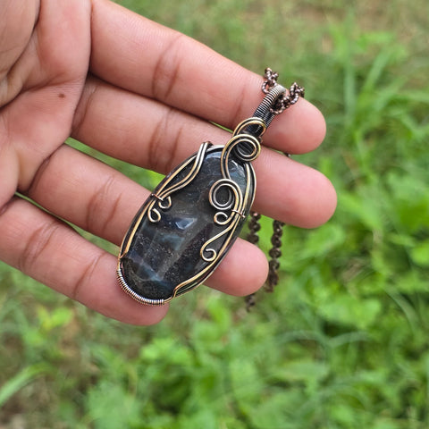 Thunder agate Gemstone Handmade Copper Wire Wrap Chain Pendant 2.75