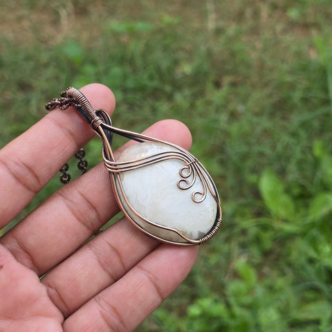 Scolecite  Gemstone Handmade Copper Wire Wrap Chain Pendant 2.95