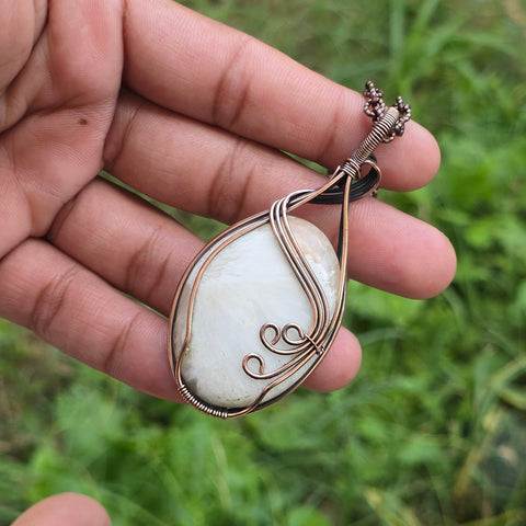 Scolecite  Gemstone Handmade Copper Wire Wrap Chain Pendant 2.95