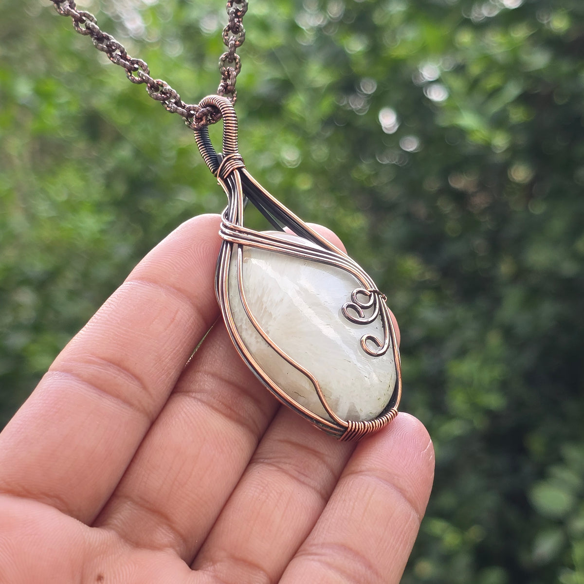 Scolecite  Gemstone Handmade Copper Wire Wrap Chain Pendant 2.95" Sunkarton