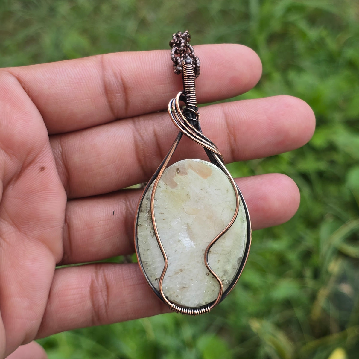 Scolecite  Gemstone Handmade Copper Wire Wrap Chain Pendant 2.95" Sunkarton