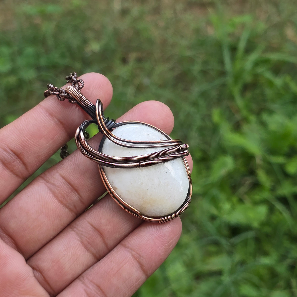 Scolecite  Gemstone Handmade Copper Wire Wrap Chain Pendant 2.36" Sunkarton