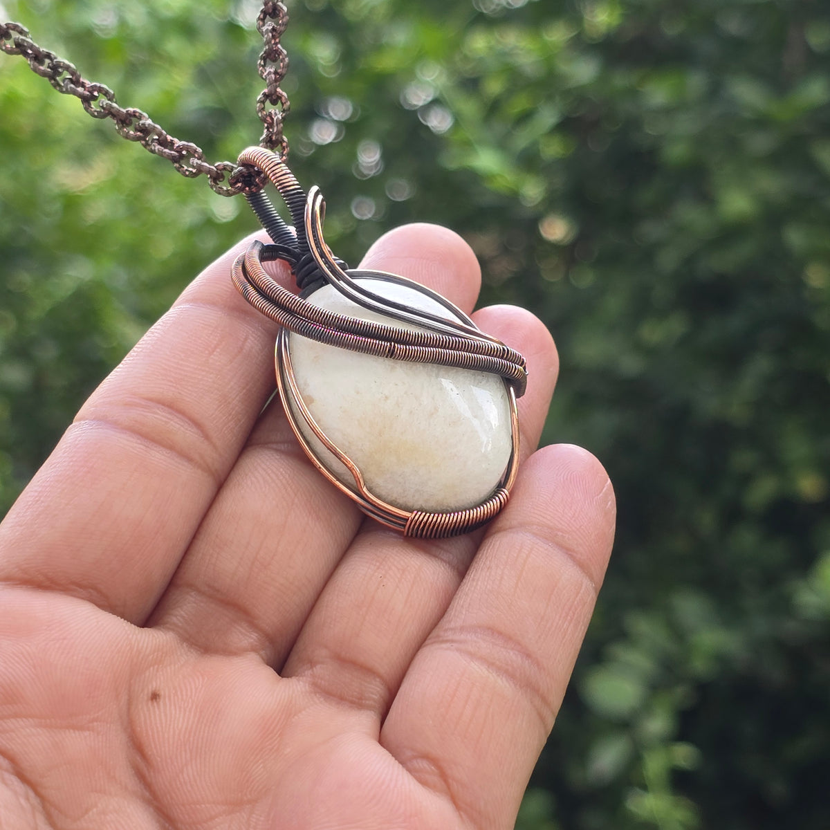 Scolecite  Gemstone Handmade Copper Wire Wrap Chain Pendant 2.36" Sunkarton