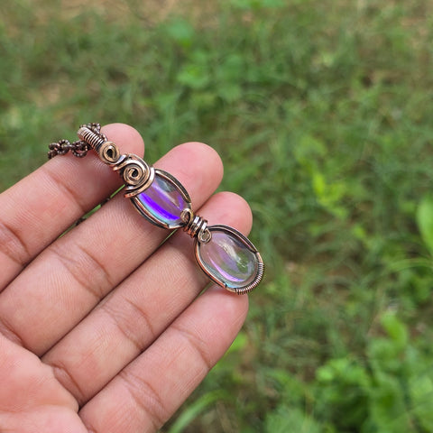 Rainbow Quartz Gemstone Handmade Copper Wire Wrap Chain Pendant 2.55