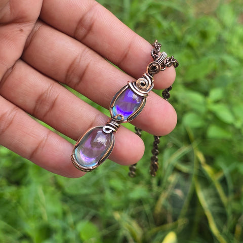 Rainbow Quartz Gemstone Handmade Copper Wire Wrap Chain Pendant 2.55