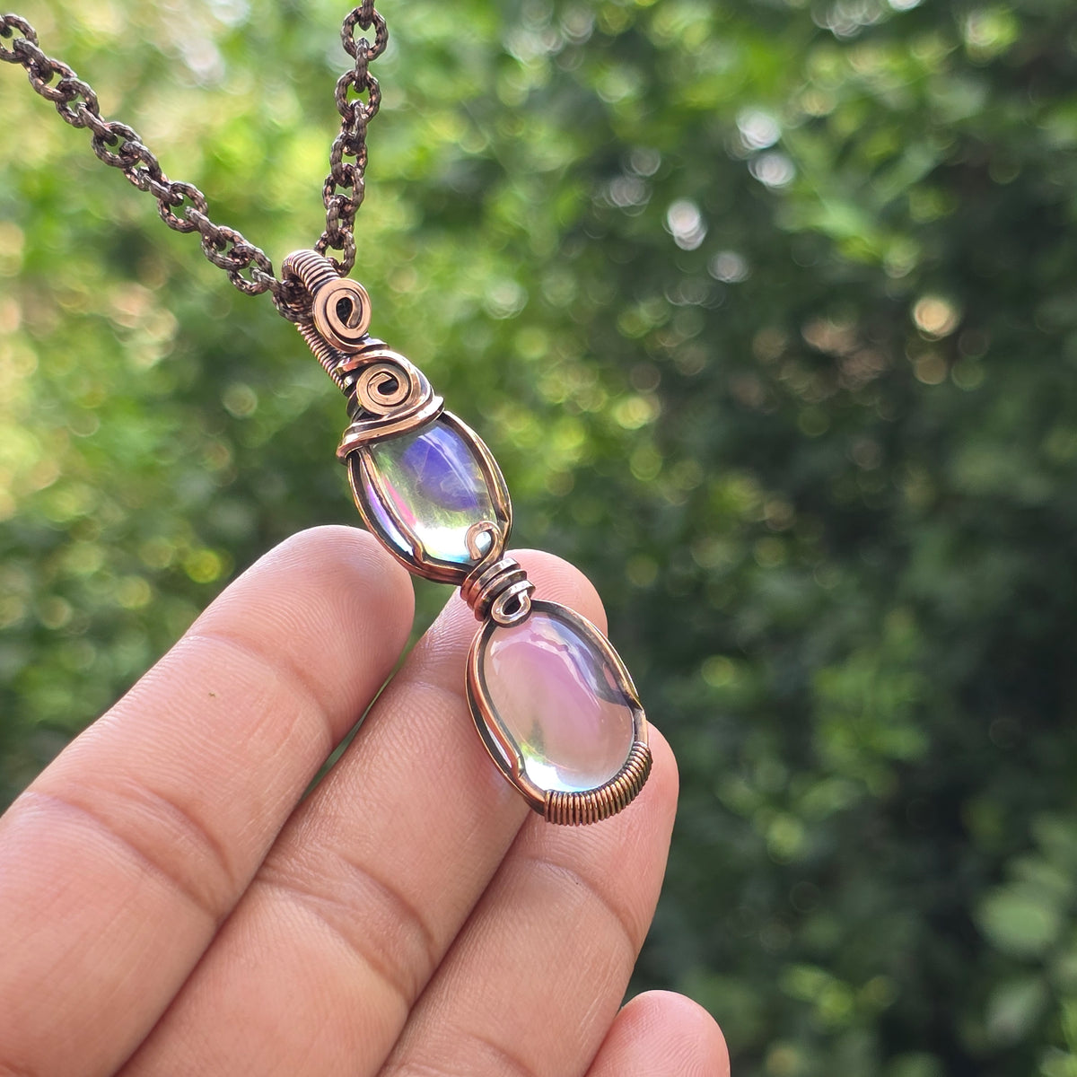 Rainbow Quartz Gemstone Handmade Copper Wire Wrap Chain Pendant 2.55" Sunkarton
