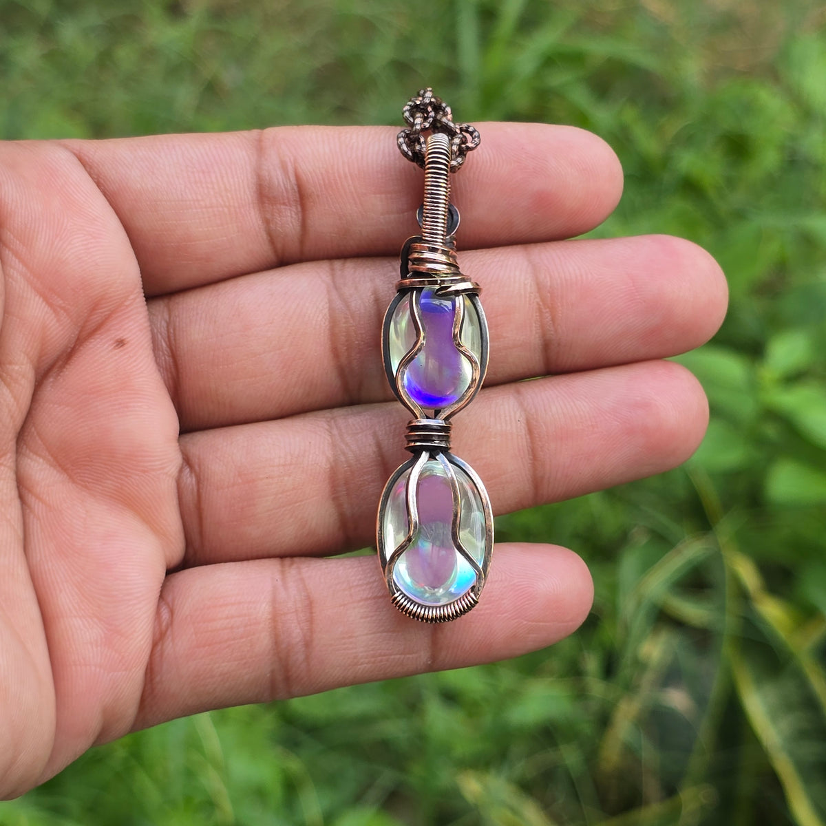 Rainbow Quartz Gemstone Handmade Copper Wire Wrap Chain Pendant 2.55" Sunkarton
