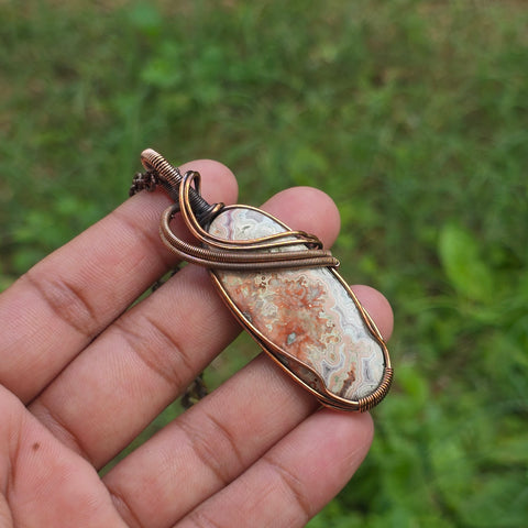 Crazy Lace Agate Gemstone Handmade Copper Wire Wrap Chain Pendant 2.75