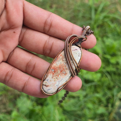 Crazy Lace Agate Gemstone Handmade Copper Wire Wrap Chain Pendant 2.75