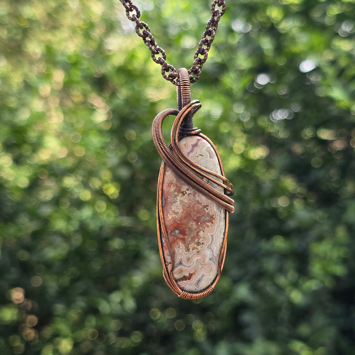 Crazy Lace Agate Gemstone Handmade Copper Wire Wrap Chain Pendant 2.75" Sunkarton