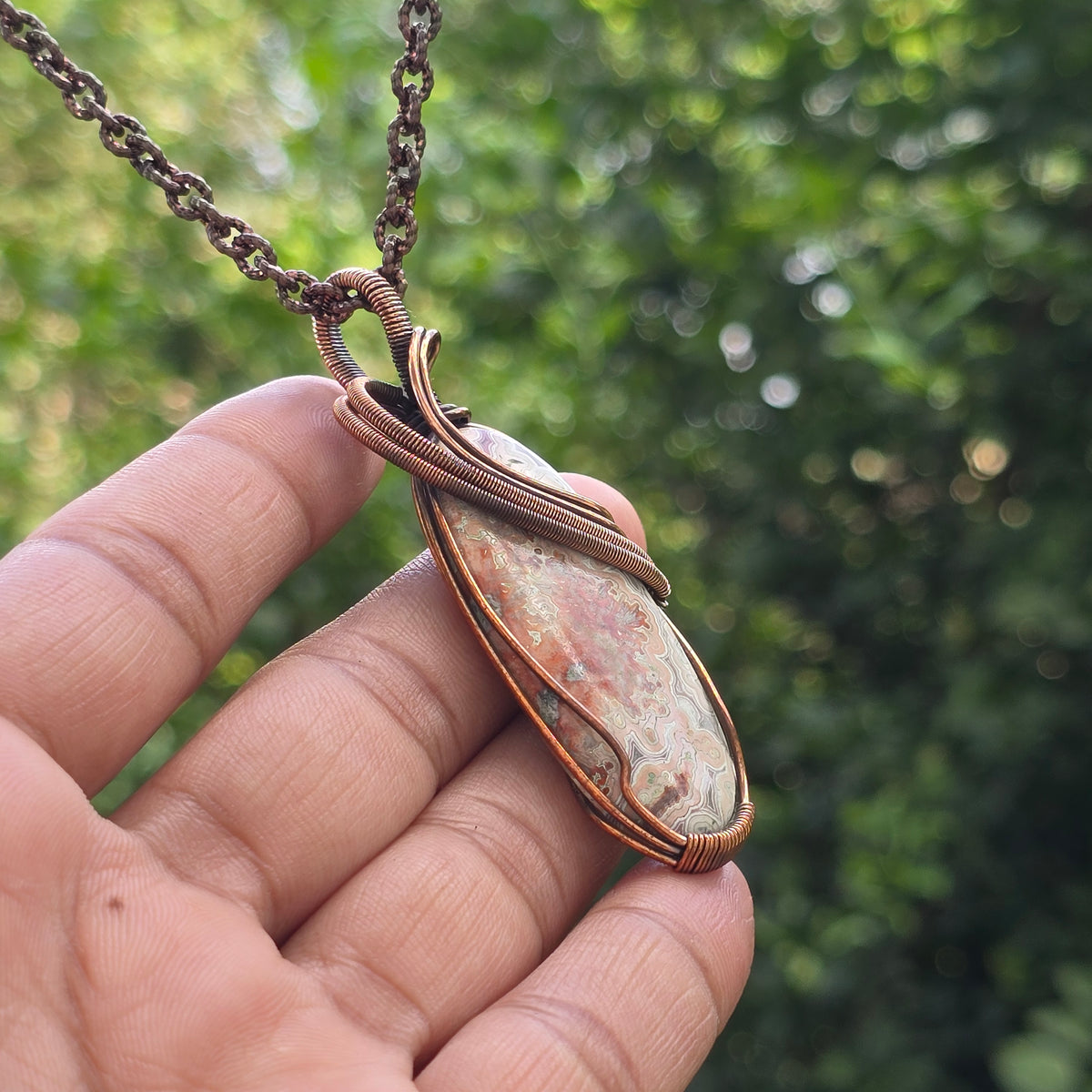 Crazy Lace Agate Gemstone Handmade Copper Wire Wrap Chain Pendant 2.75" Sunkarton