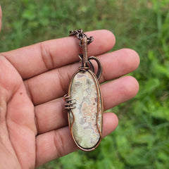 Crazy Lace Agate Gemstone Handmade Copper Wire Wrap Chain Pendant 2.75" Sunkarton