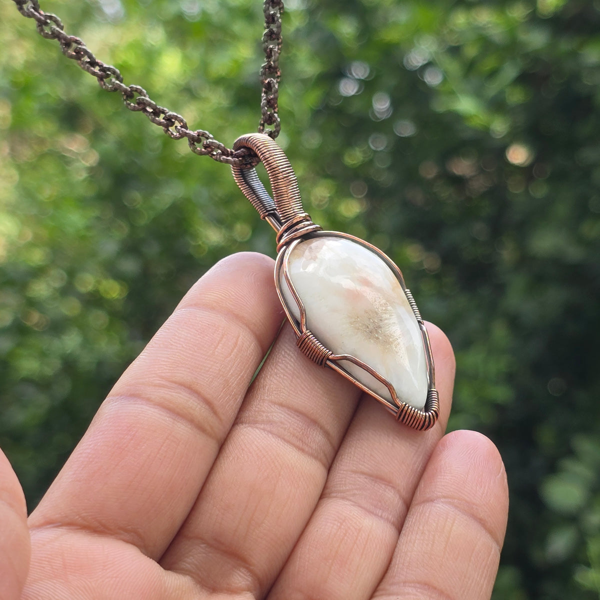 Scolecite  Gemstone Handmade Copper Wire Wrap Chain Pendant 2.55" Sunkarton
