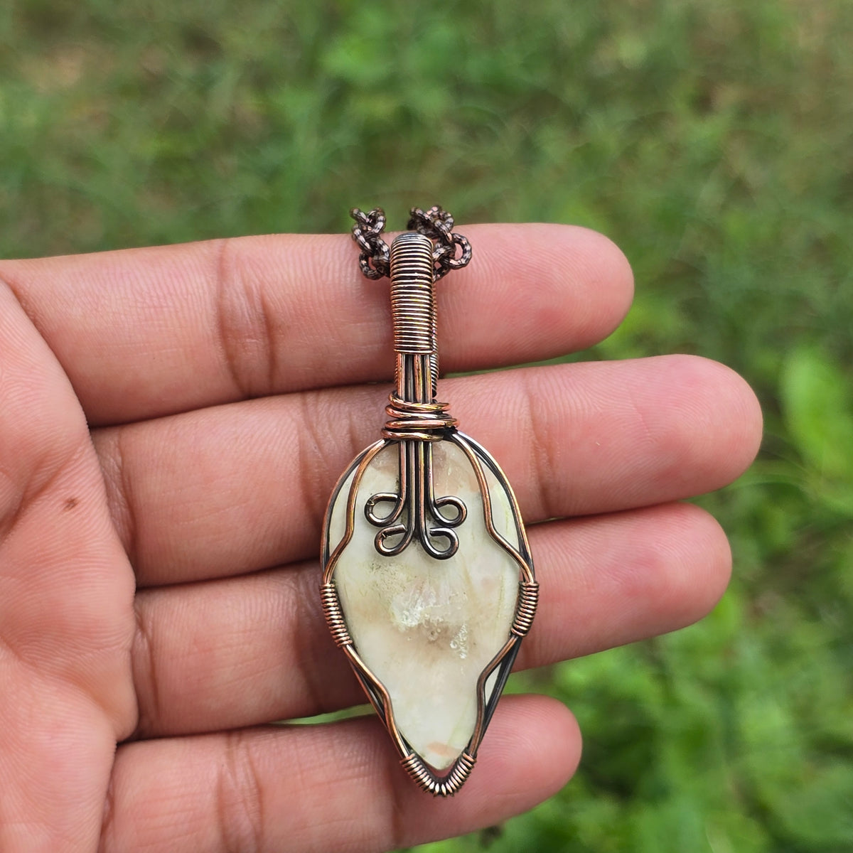 Scolecite  Gemstone Handmade Copper Wire Wrap Chain Pendant 2.55" Sunkarton