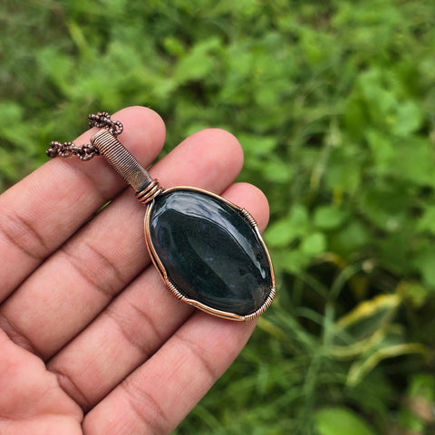 Green Moos Agate Gemstone Handmade Copper Wire Wrap Chain Pendant 2.36